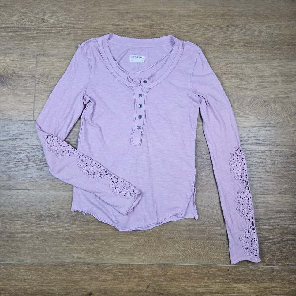 Free People We The Free Our Song Henley Top Crochet Sleeve Lavender Medium M